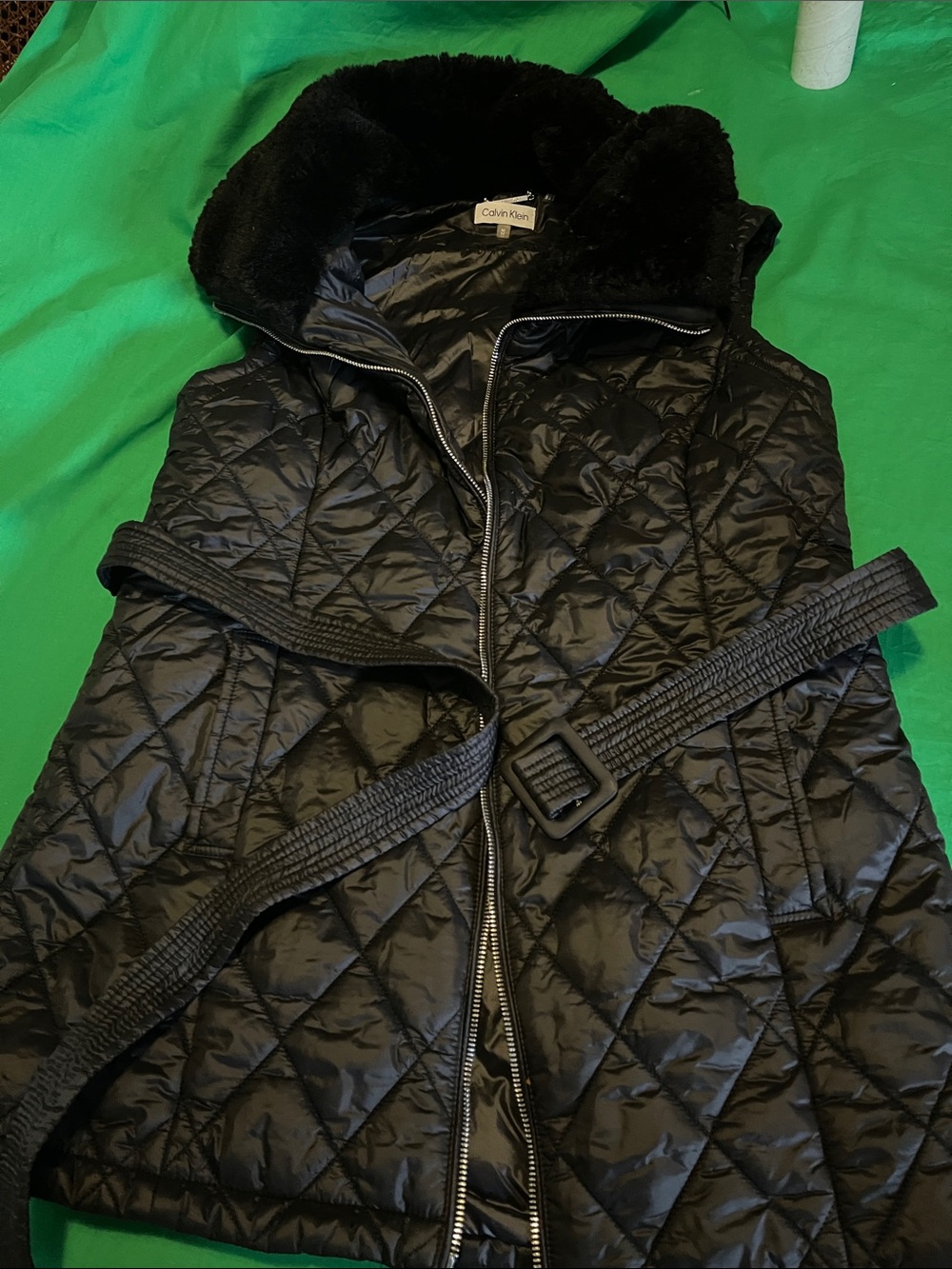 Calvin Klein Black Quilted Belted Vest with Faux Fur Collar